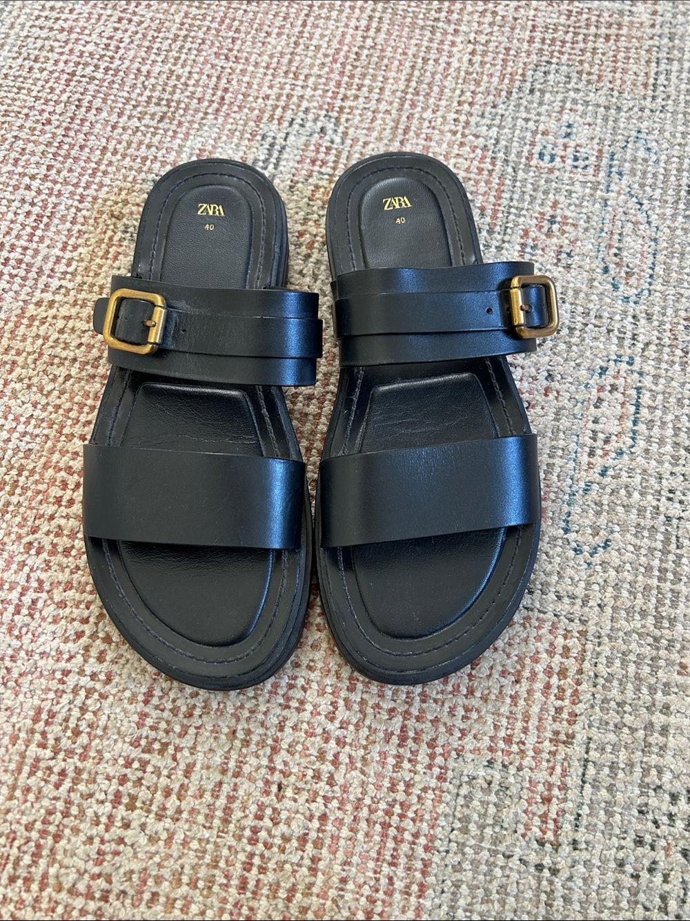 Zara Black Sandal Slides with Gold Buckles Size 40/9-9.5